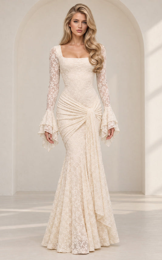 Delicately Dangerous Lace Bell Sleeve Knot Detail Mermaid Dress – Alabaster