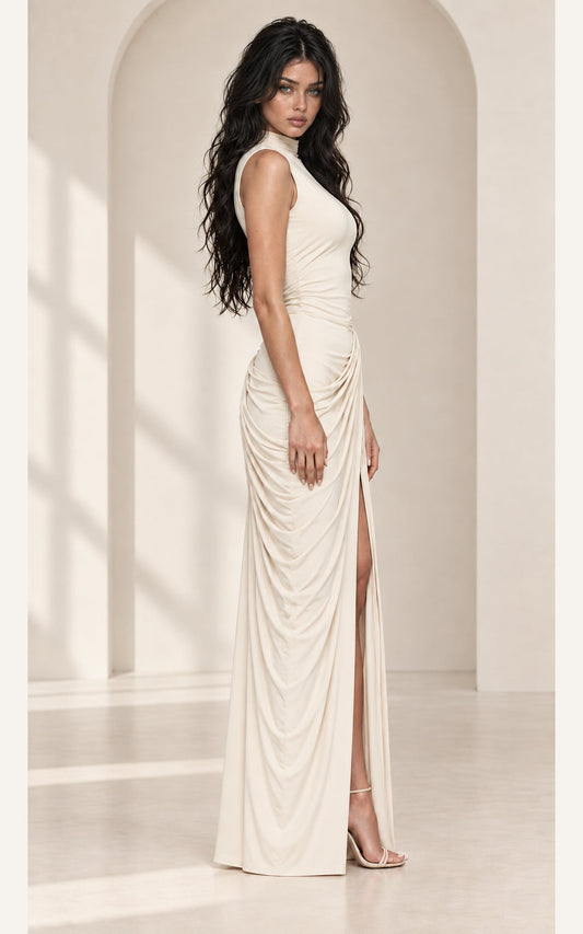Soft Spoken, Never Overlooked Turtleneck Thigh Slit Wedding Guest Maxi Dress – Alabaster