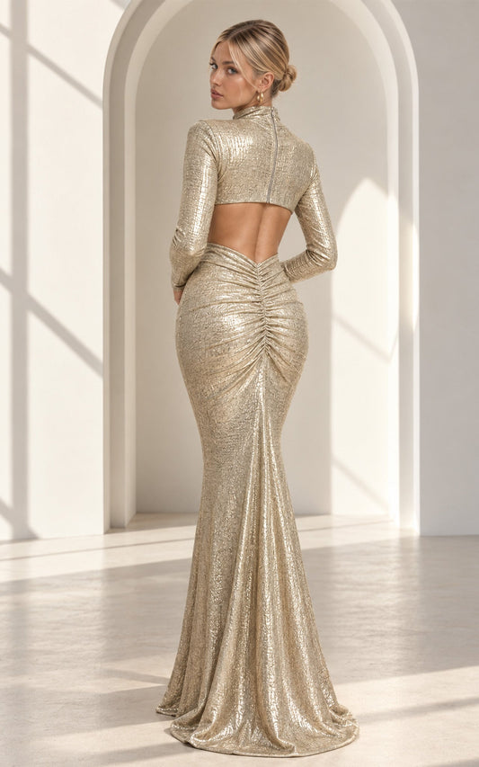 Polished Behaviour Long Sleeve Open Back Metallic Champagne Wedding Guest Maxi Dress