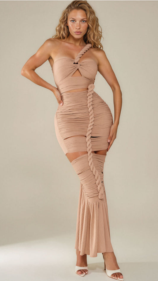 Greek Muse – Twist Front Cut-Out Summer Occasion Midi Dress Taupe