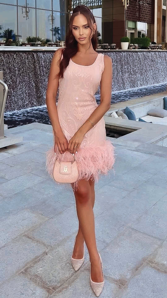Peach Royale – Sequin Mini Dress with Ostrich Feather Hem
