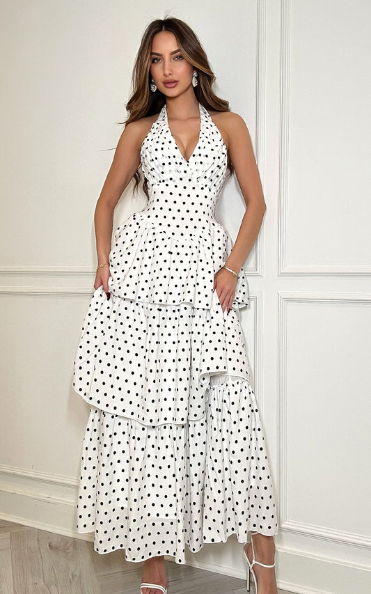 Dotted Desire – Polka Dot Halter Neck Layered Midi Dress