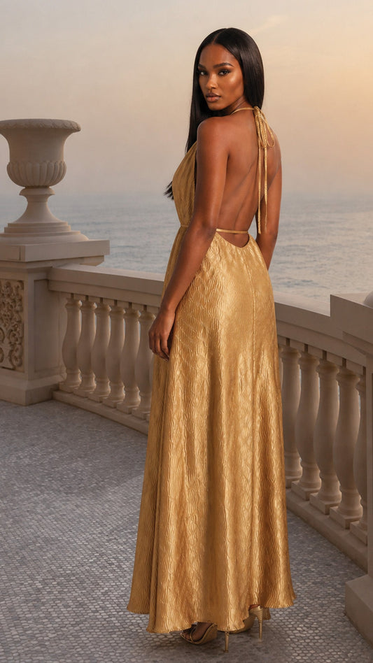 RSVP Darling – Honey Gold Backless Plissé Maxi Wedding Guest Dress