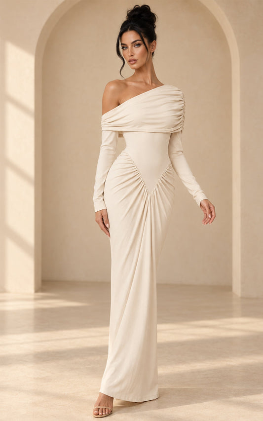 Soft Tone Sharp Standards Asymmetric Shoulder Ruched Silhouette Maxi Dress – Alabaster