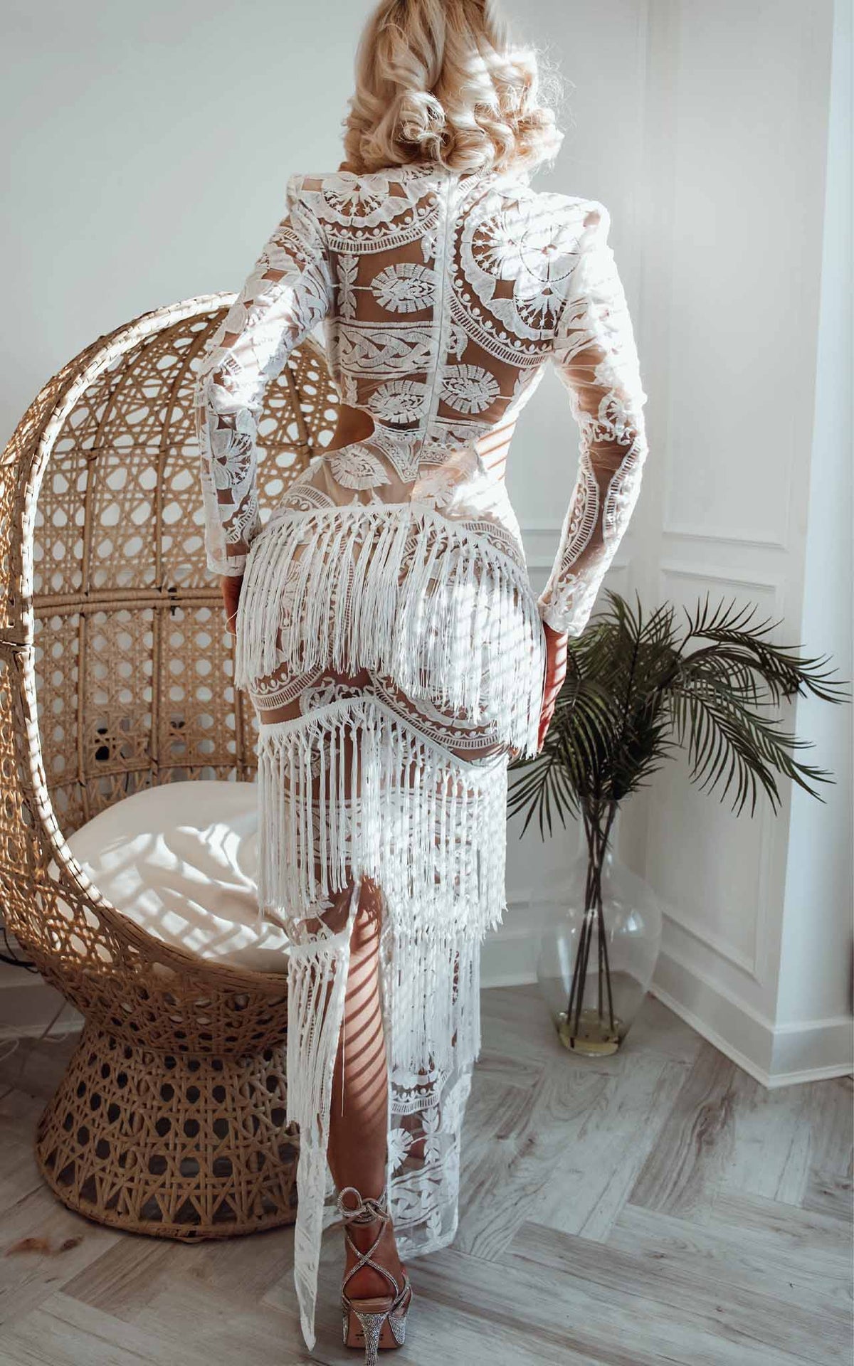 Enamoured Premium White Lace Side Cuts & Shoulder Pads Fringed Maxi Dress White