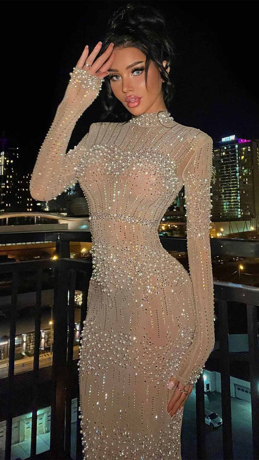 Cristal Glam Glow Skin Tan Embellished Turtleneck bodycon Wedding Guest Midi dress