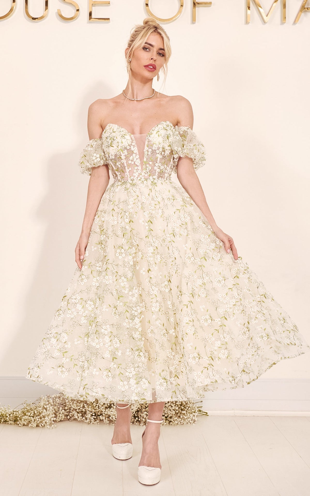 Floral Finesse Floral Embroidery Bustier Off-The-Shoulder Puff Sleeves Corset Midi Dress MADE-TO-ORDER!