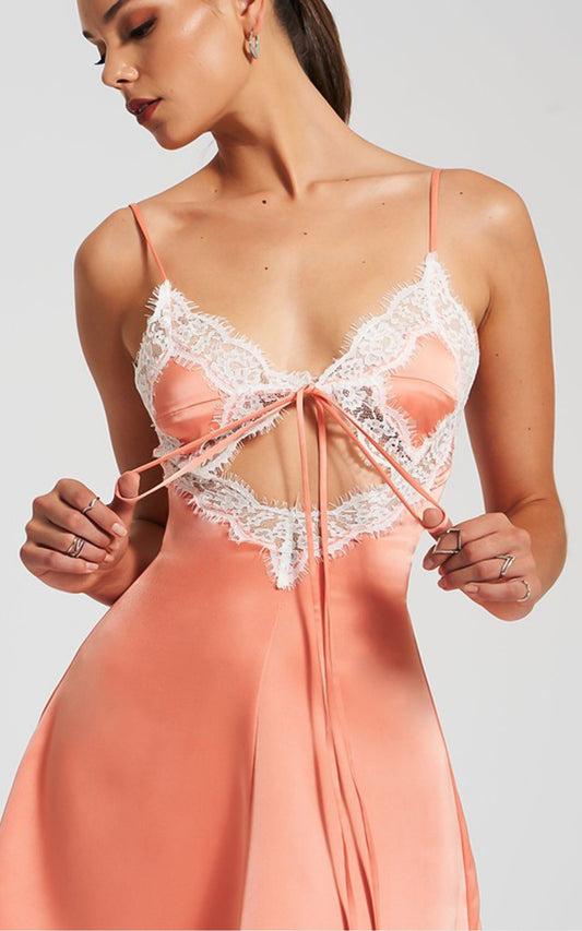 Thea Coral Satin Lace Trim Mini Baby Doll Dress