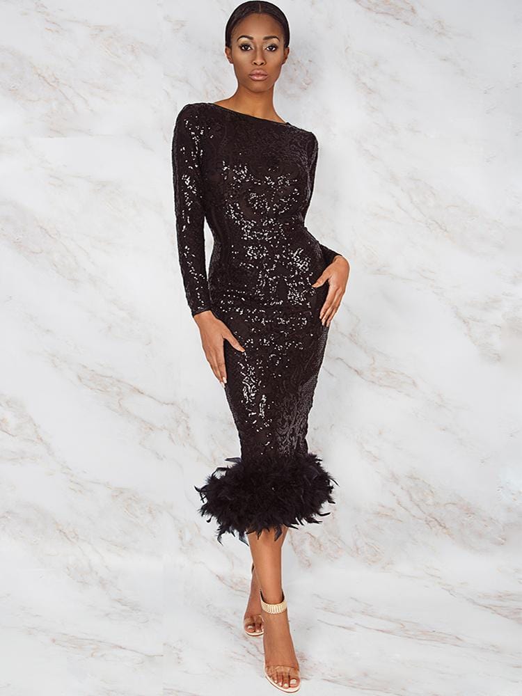 CONSTANZA SEASON II BLACK NOIR EMBROIDERY SEQUINS OPEN BACK FEATHER HEM MIDI DRESS LIMITED EDIT - HOUSE OF MAGUIE