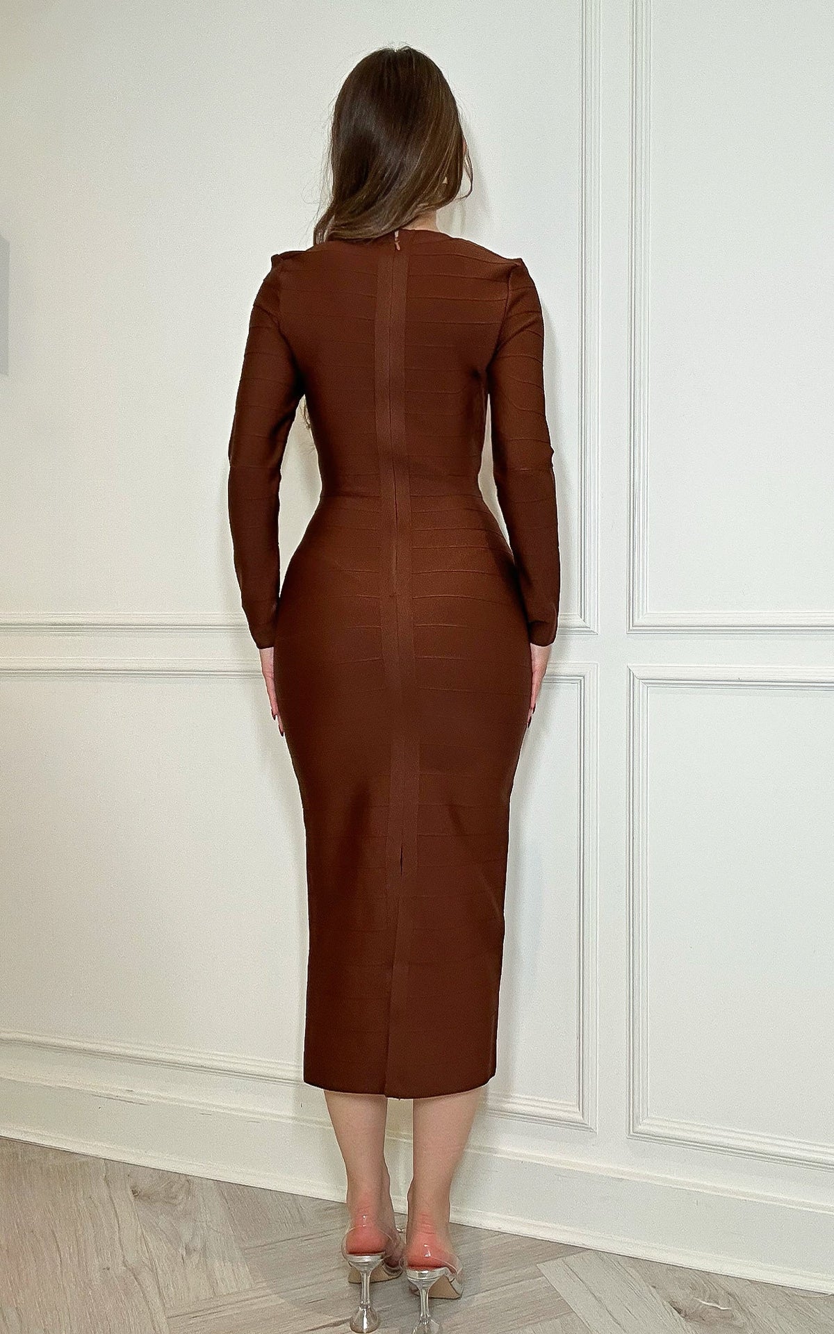 Derby Darling Brown Bandage Long Sleeve Midi Dress