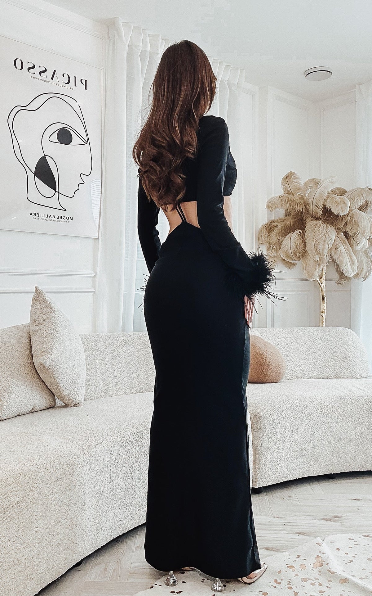 Drama on Arrival Black Cut-Out Long Sleeve Feather Cuff Trim Maxi Dress