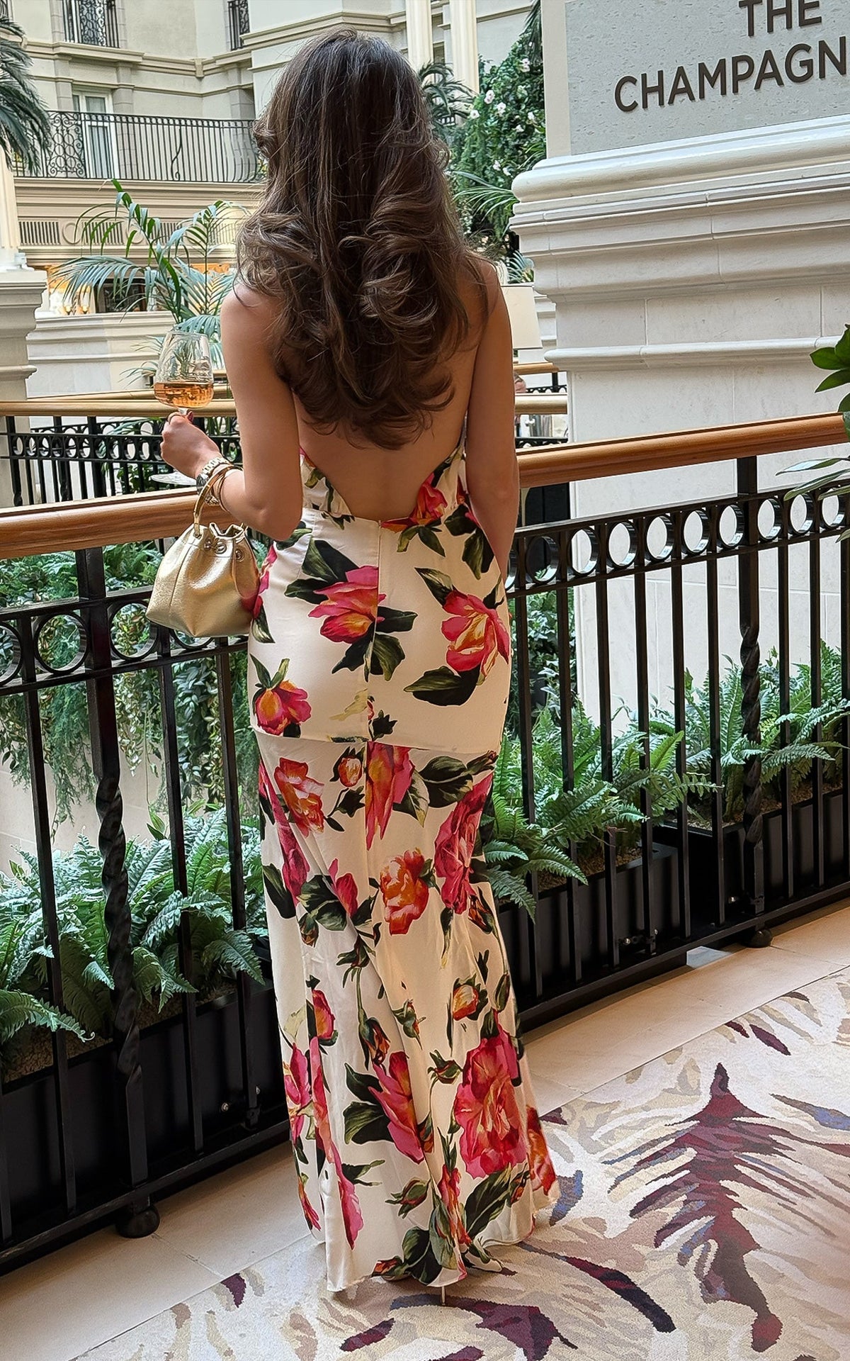 Hermosa Floral Print Rose HalterNeck Design Low Back Ruffled Thigh High Slit Maxi Dress