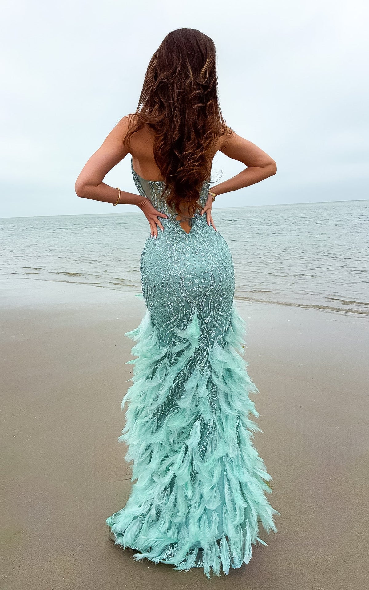 Ocean Queen Teal Sequin Embellished Feather Detail Corset Maxi Mermaid Dress PRE ORDER