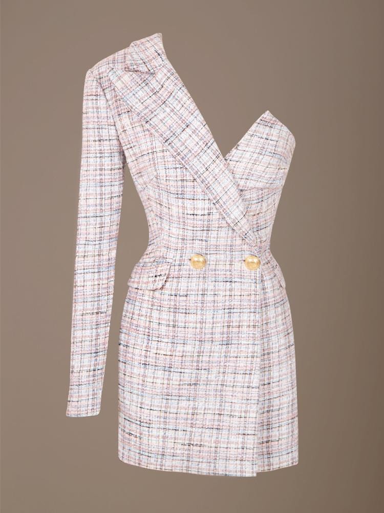 VALENTINA PALE PINK ASYMMETRIC ONE SHOULDER TUXEDO TWEED DRESS - HOUSE OF MAGUIE     
