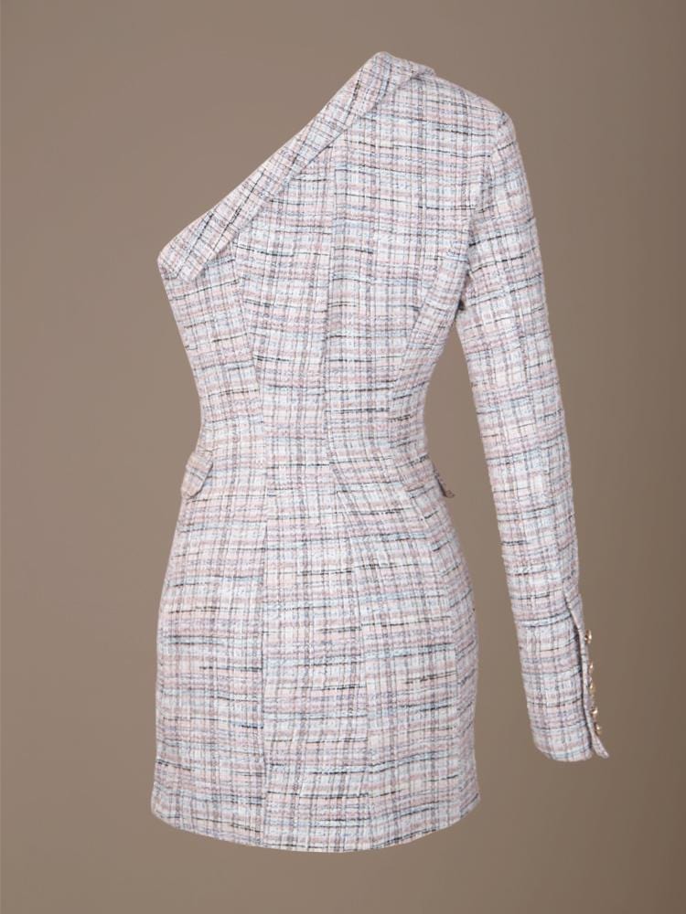 VALENTINA PALE PINK ASYMMETRIC ONE SHOULDER TUXEDO TWEED DRESS - HOUSE OF MAGUIE     
