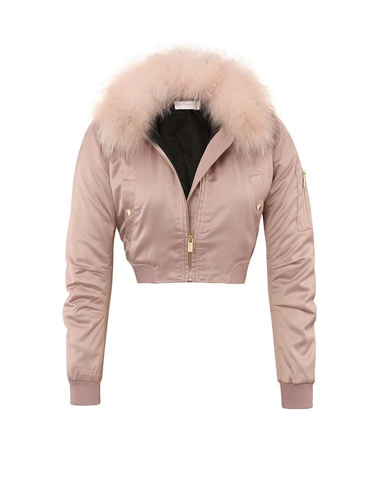 CARLIBEL BLUSH  SATIN FUR BOMBER JACKET - HOUSE OF MAGUIE     
