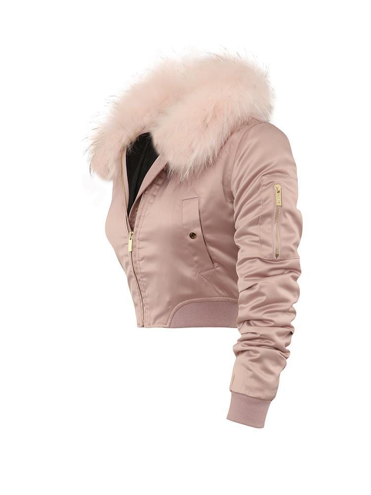 CARLIBEL BLUSH  SATIN FUR BOMBER JACKET - HOUSE OF MAGUIE     