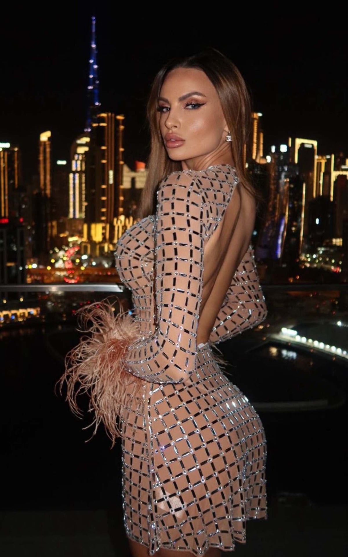 Icon in Royale Peekaboo Bow Detail Rhinestone Long Sleeve Mini Dress – Almond