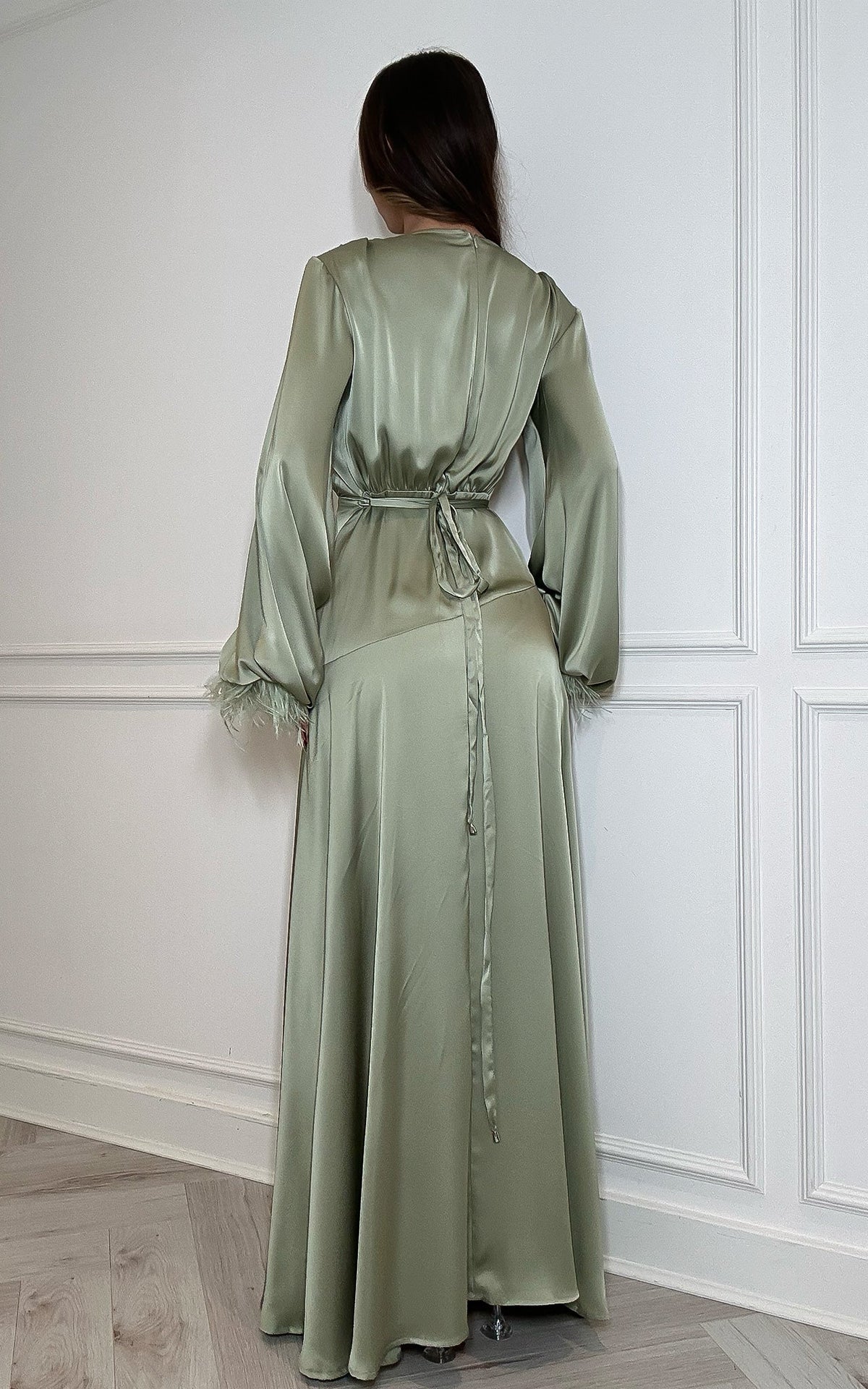 Royal Society – Sage Green V Collar Feather Cuffs Thigh Split Satin Maxi Dress