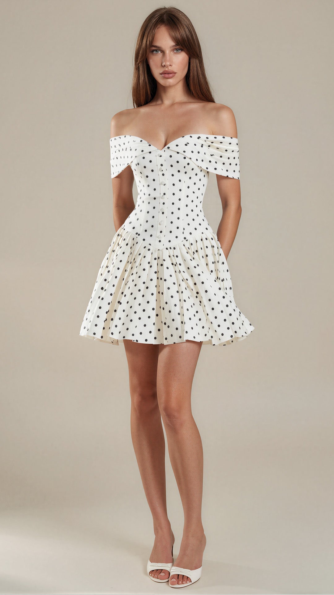 Mon Amour – Vintage Polka Dot Off-the-Shoulder Pleated Mini Dress