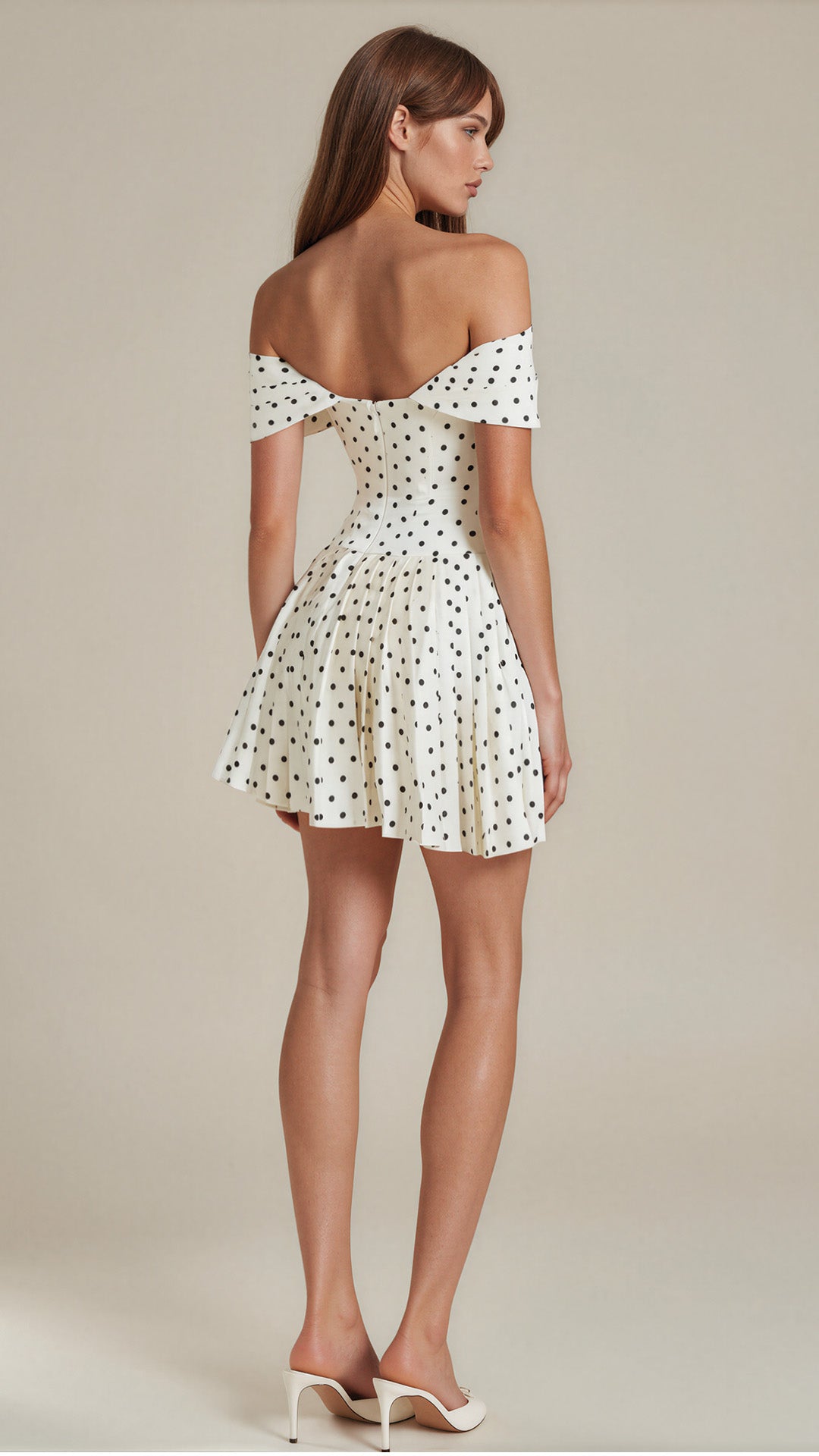 Mon Amour – Vintage Polka Dot Off-the-Shoulder Pleated Mini Dress