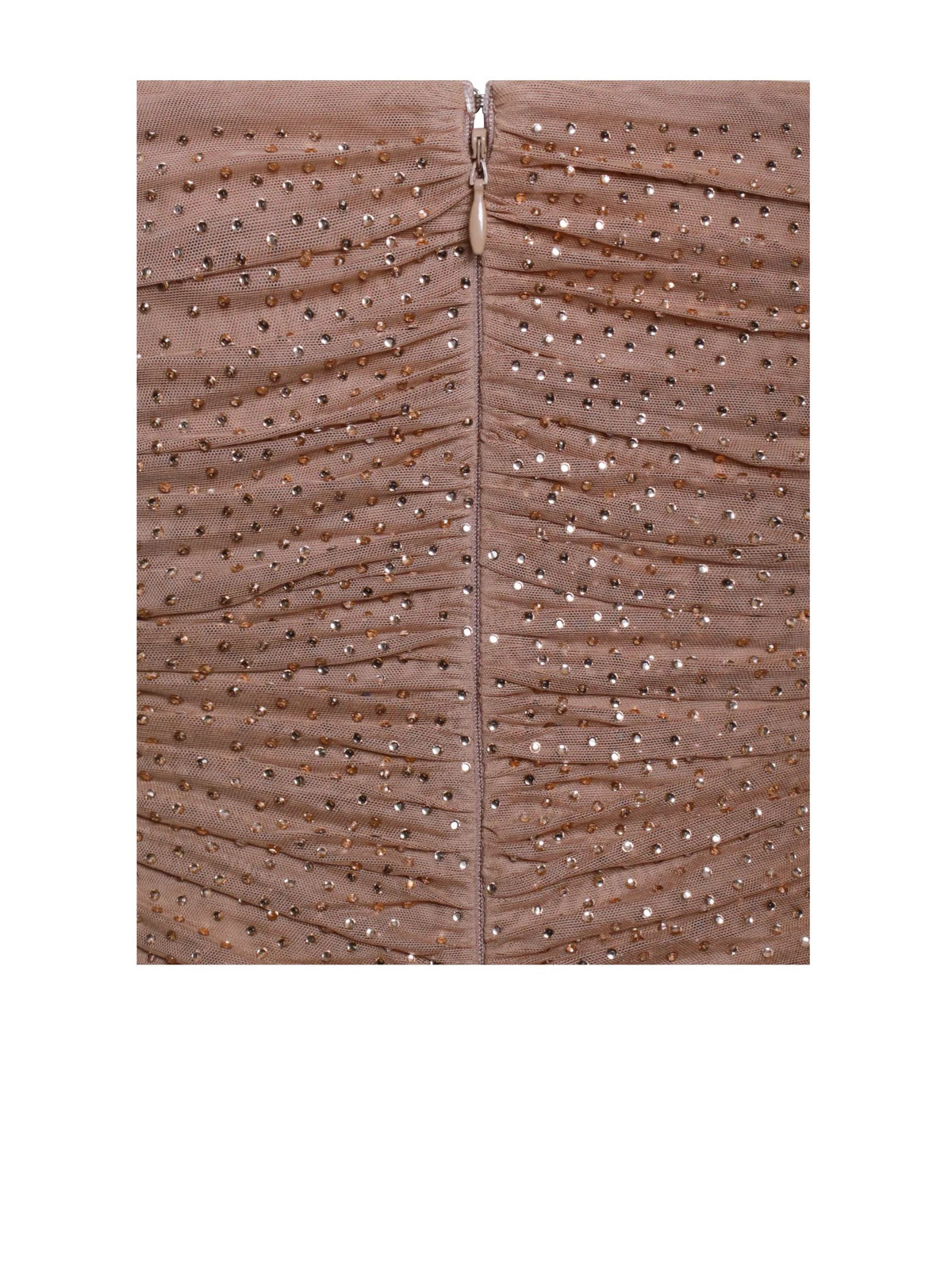 Glamorize It Skin Tan Mesh Crystal Dress with White Feather Trim