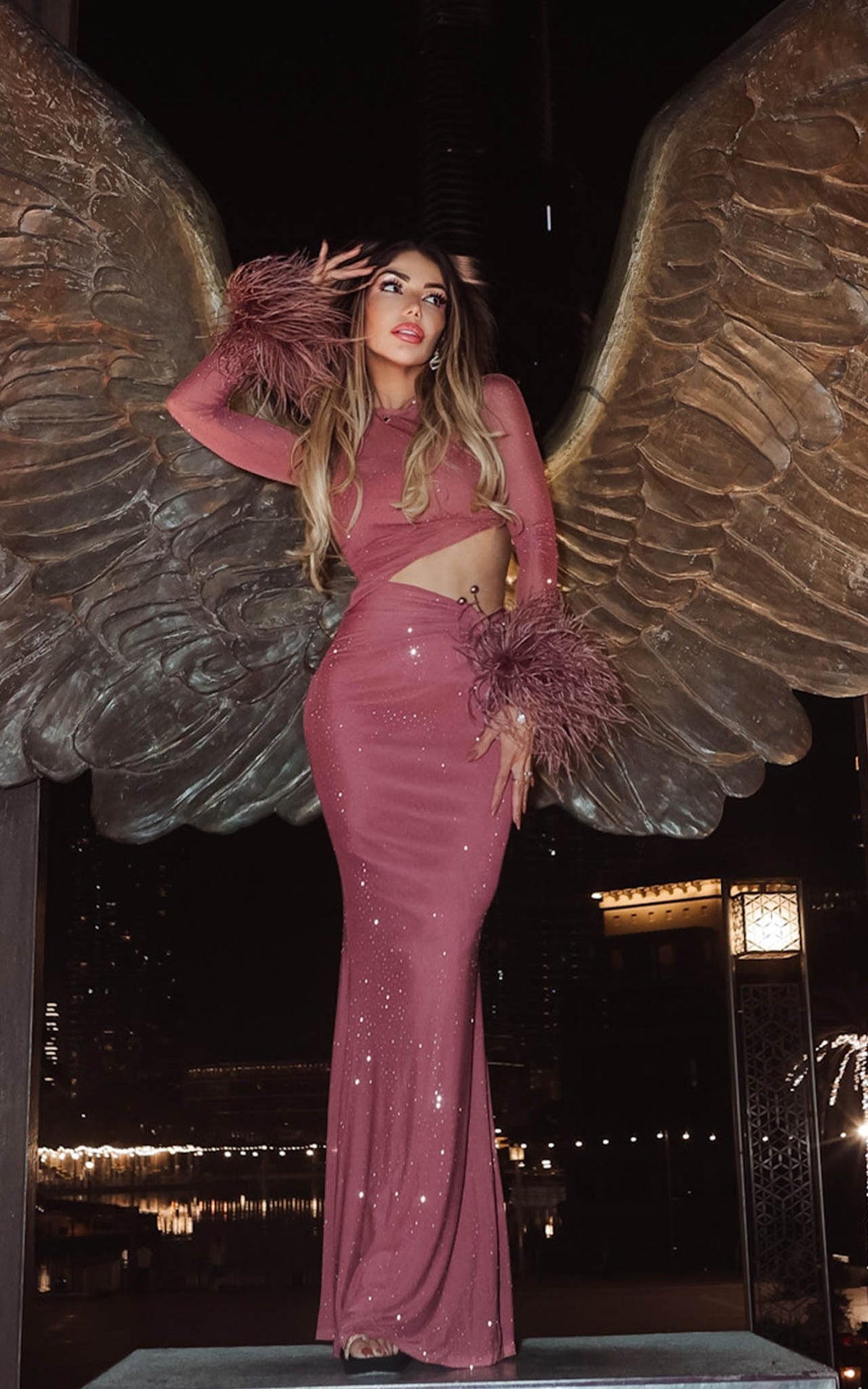 Glam Obsession  Side Cut Buckle Detail Feather Cuffs Rhinestone Maxi Dress Marsala
