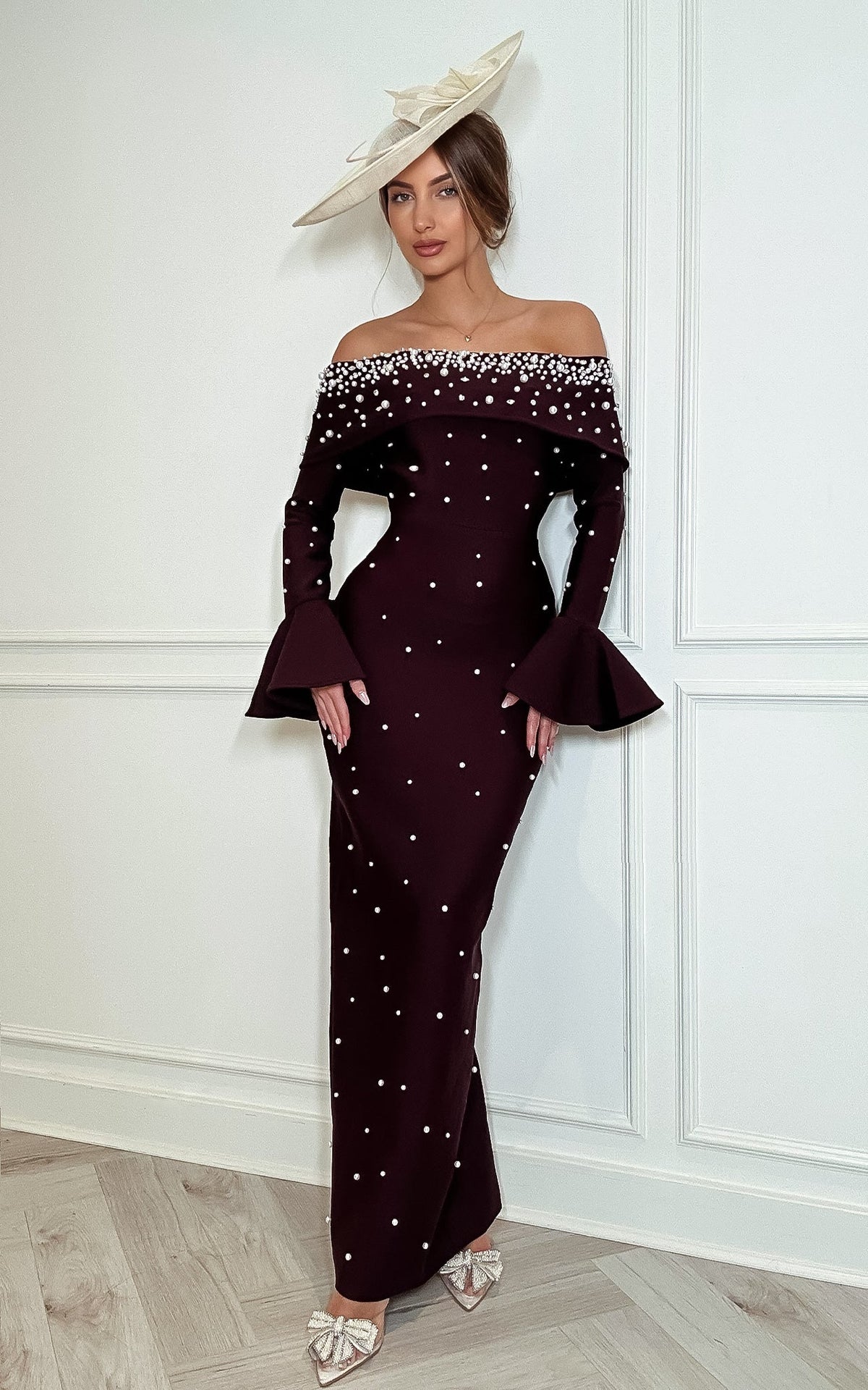 Elite Society – Bardot Bell Sleeve Body Architect Bandage Maxi Dress