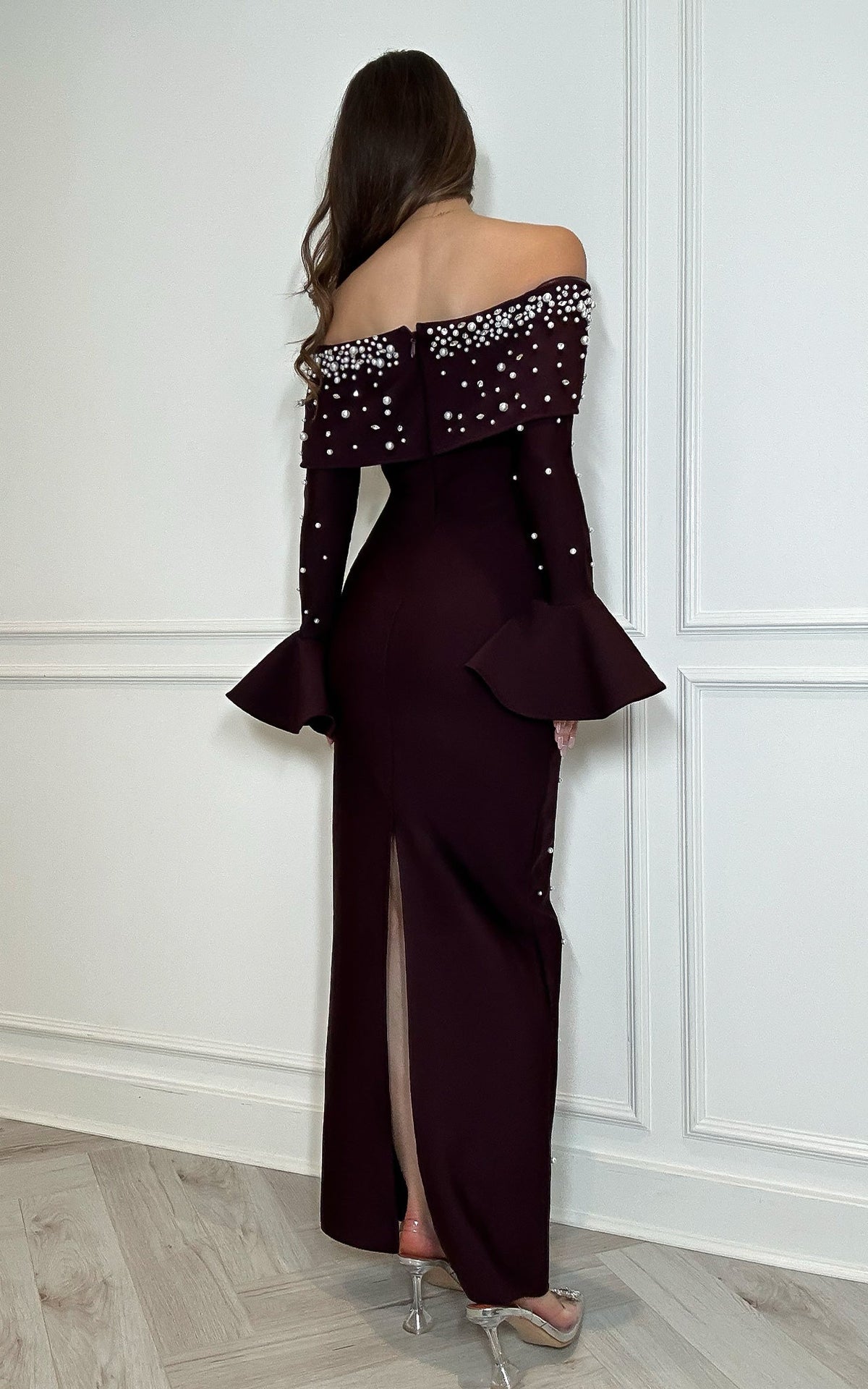Elite Society – Bardot Bell Sleeve Body Architect Bandage Maxi Dress