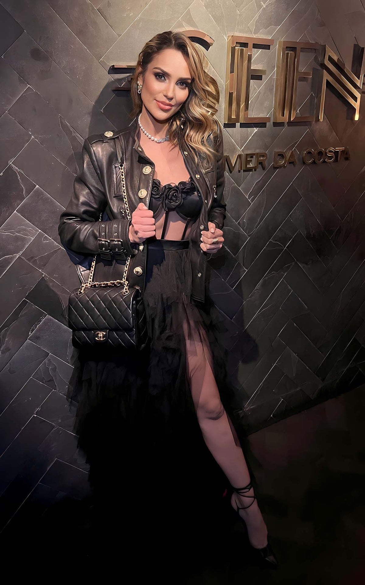 Black Maxi Dress with Flower Detail on Bustier, Layered Tulle, and Thigh Slit for Birthday Parties House Of Maguie