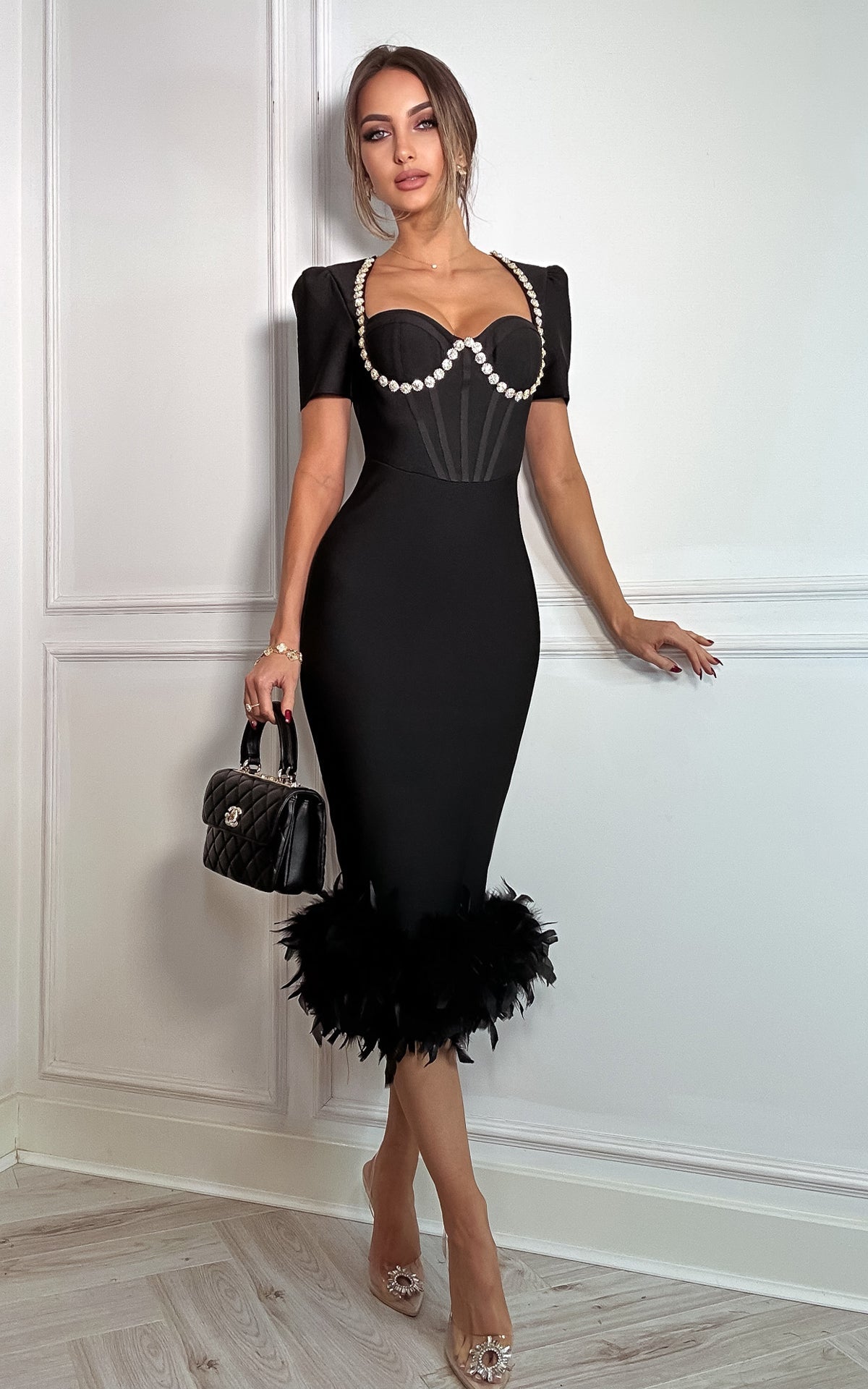 Dear Darling Padded Bustier Body Shaping Feather Trim Bandage Midi Dress Black
