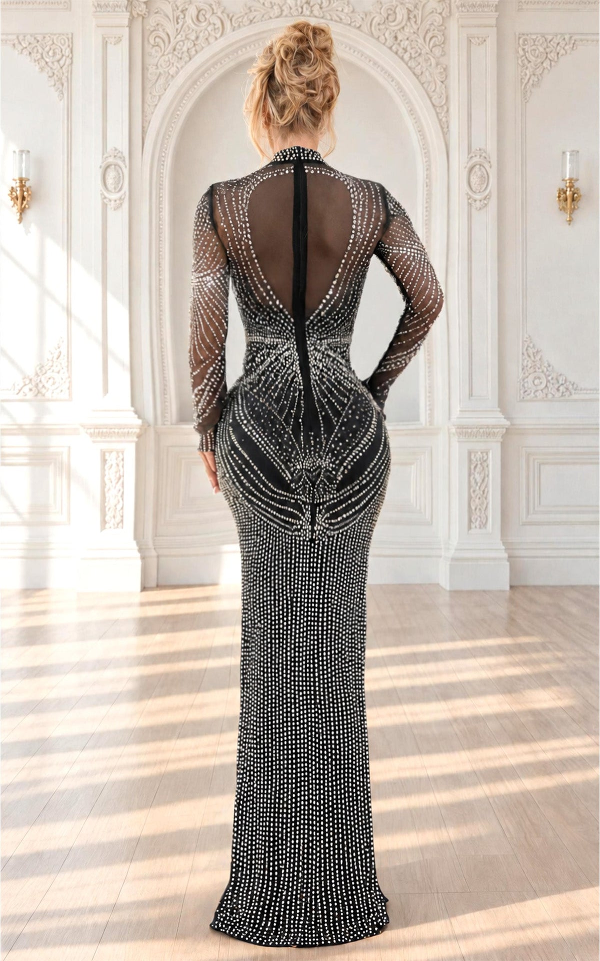 Own the Night – Black Crystal Embellished Turtleneck Cut-Out Thigh Slit Maxi Dress
