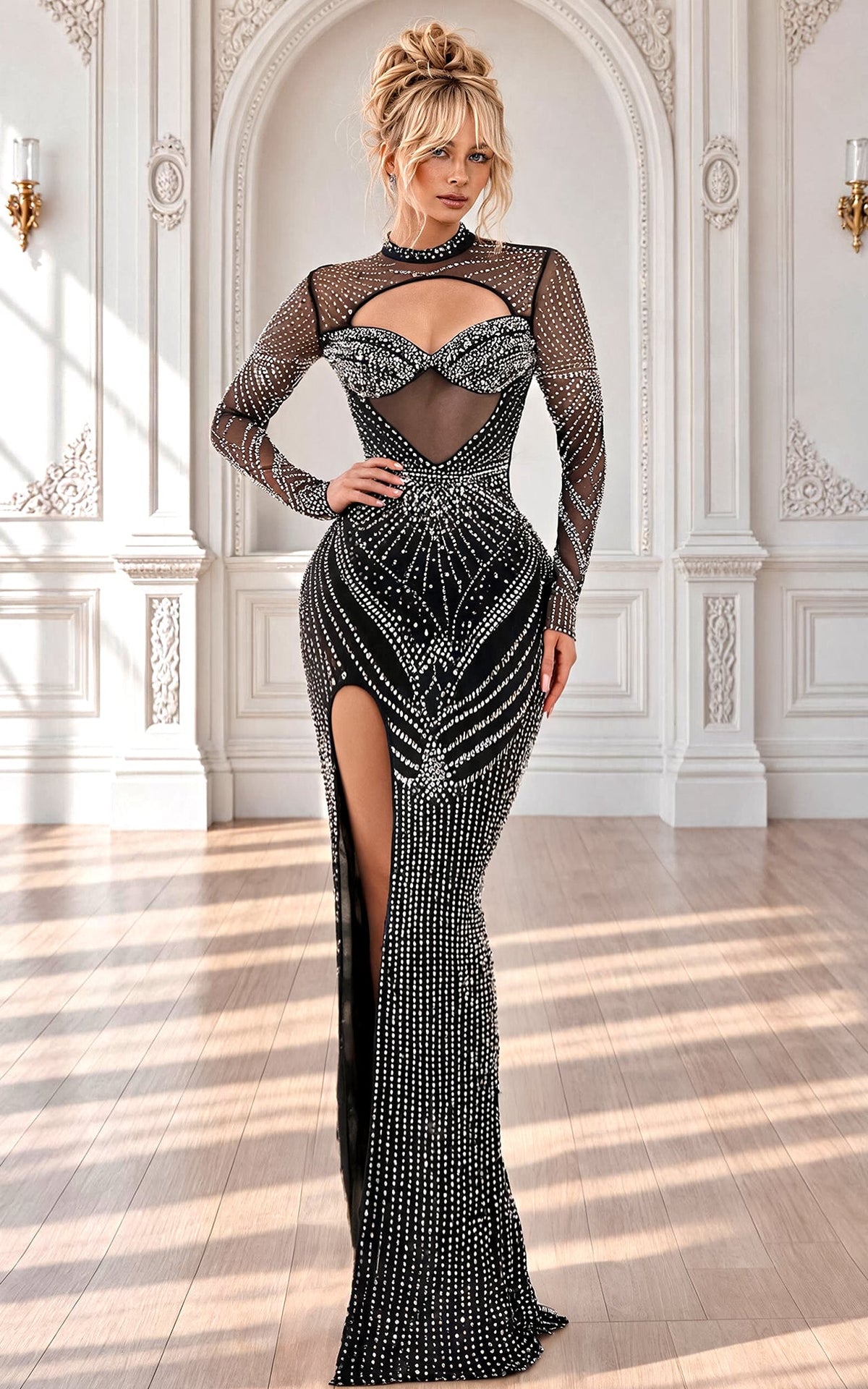 Own the Night – Black Crystal Embellished Turtleneck Cut-Out Thigh Slit Maxi Dress
