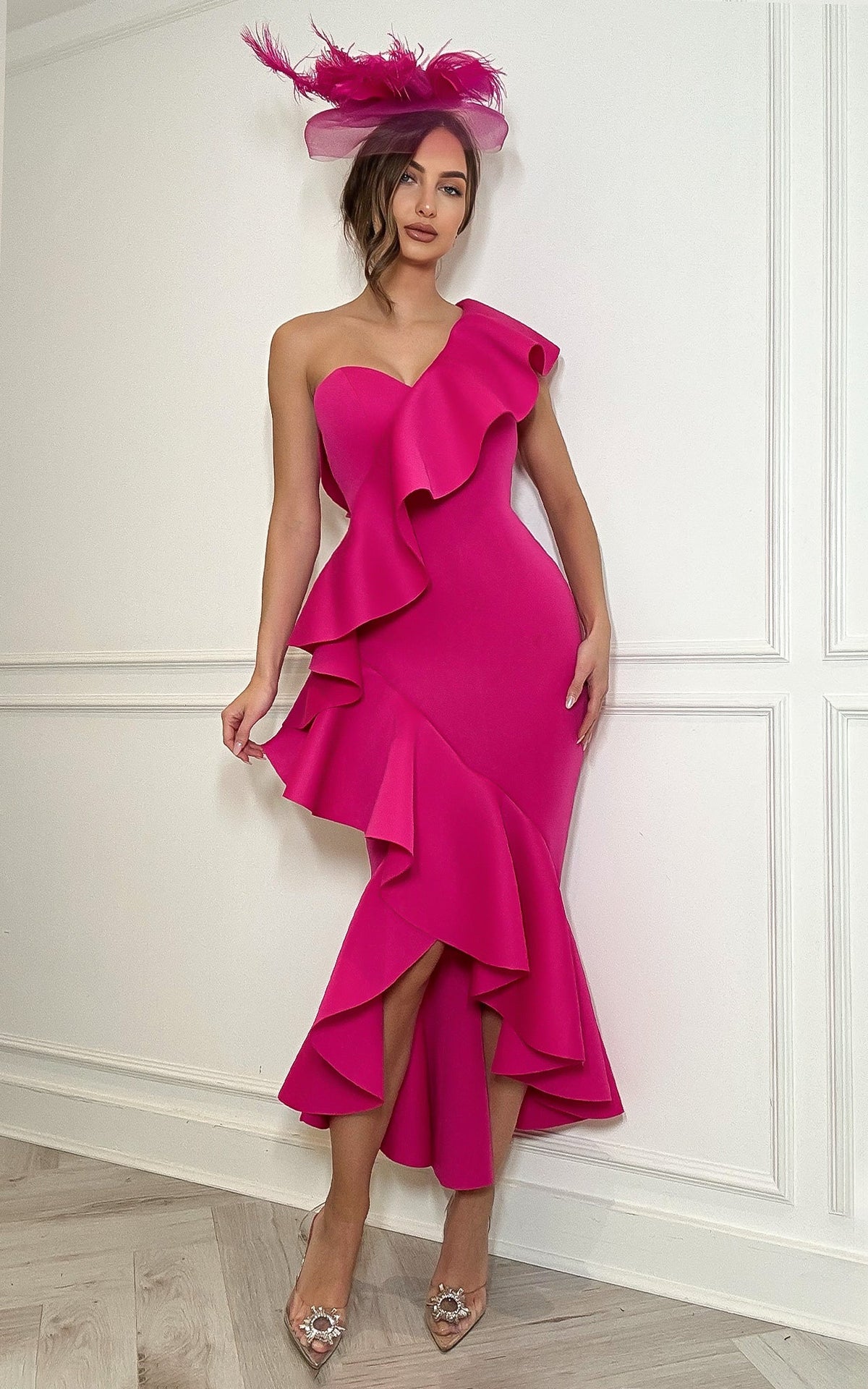 Too Polished To Ignore – Fuchsia Asymmetrical Ruffled Thigh Slit Midi Dress