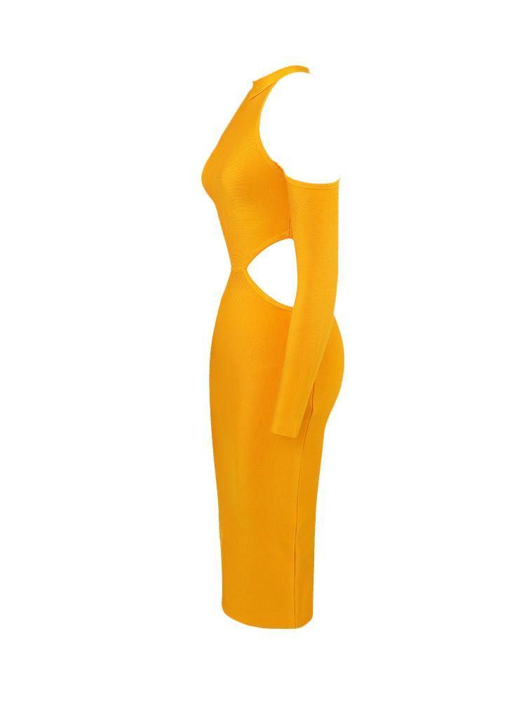 DARIA PUMPKIN COLD SHOULDER CUT SIDES BANDAGE DRESS