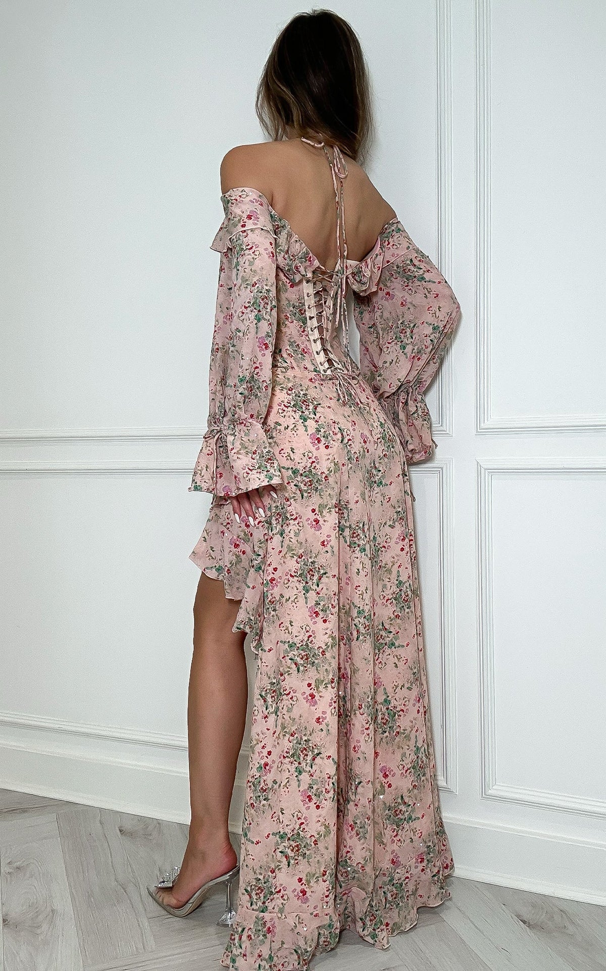 Luxury floral occasion dress editorial fashion look