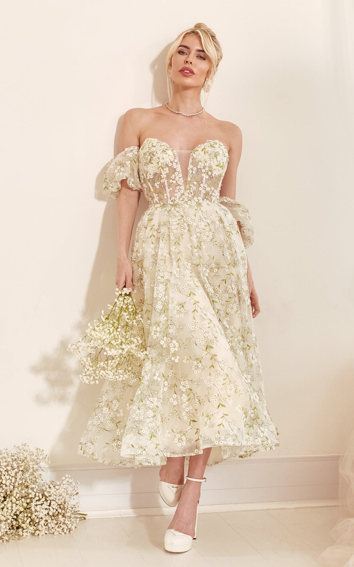 Floral Finesse Floral Embroidery Bustier Off-The-Shoulder Puff Sleeves Corset Midi Dress  MADE-TO-ORDER!