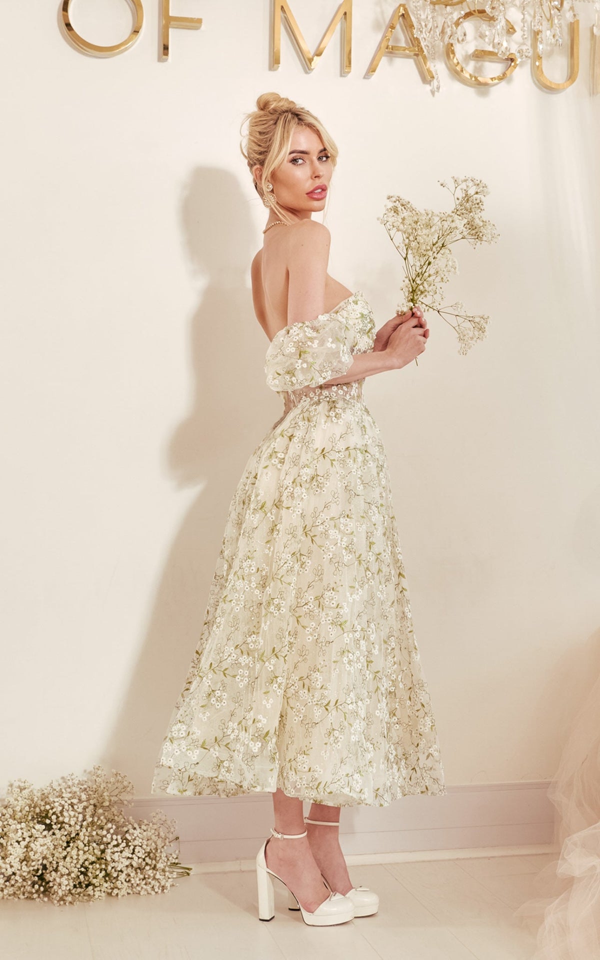 Floral Finesse Floral Embroidery Bustier Off-The-Shoulder Puff Sleeves Corset Midi Dress  MADE-TO-ORDER!