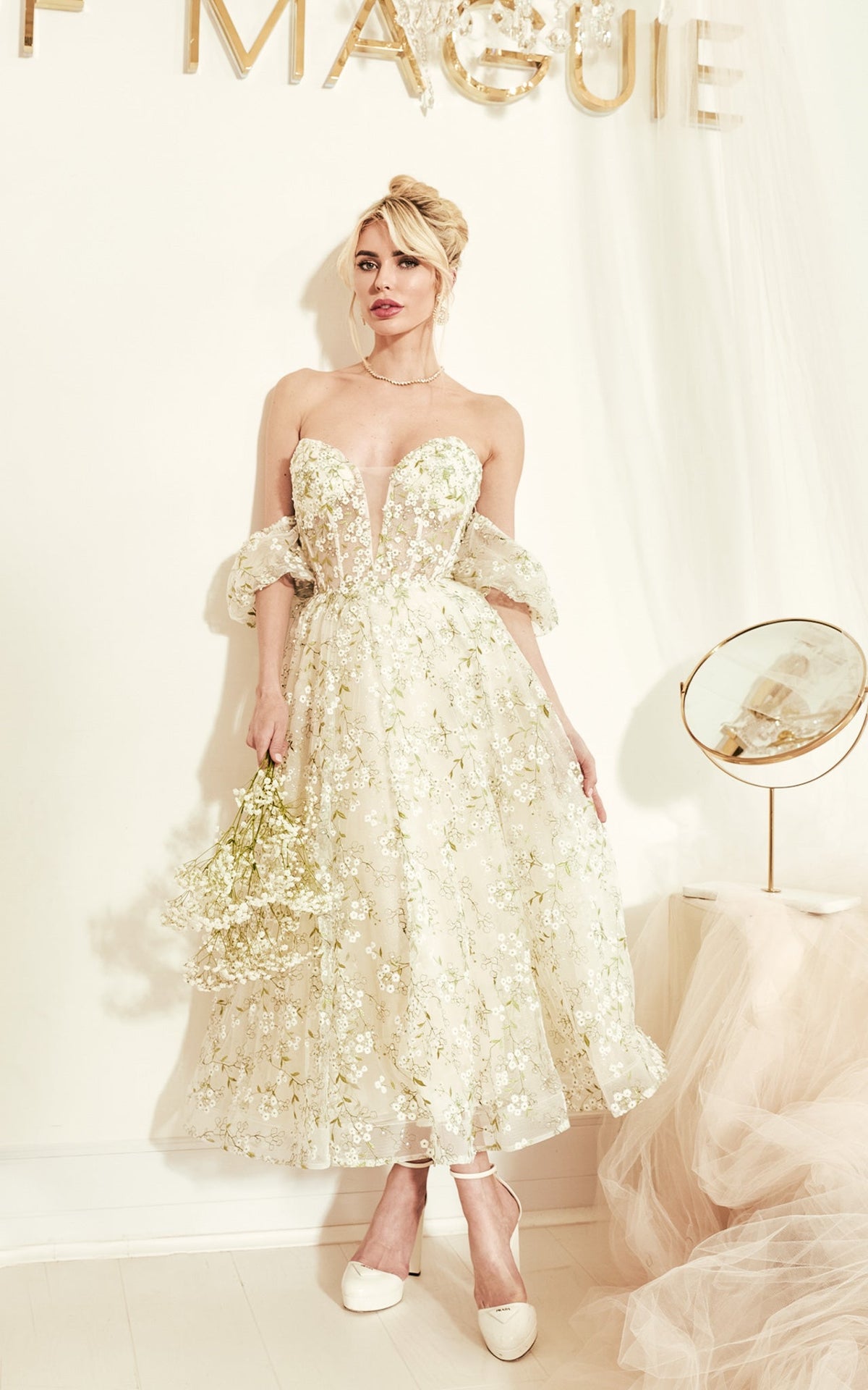 Floral Finesse Floral Embroidery Bustier Off-The-Shoulder Puff Sleeves Corset Midi Dress  MADE-TO-ORDER!