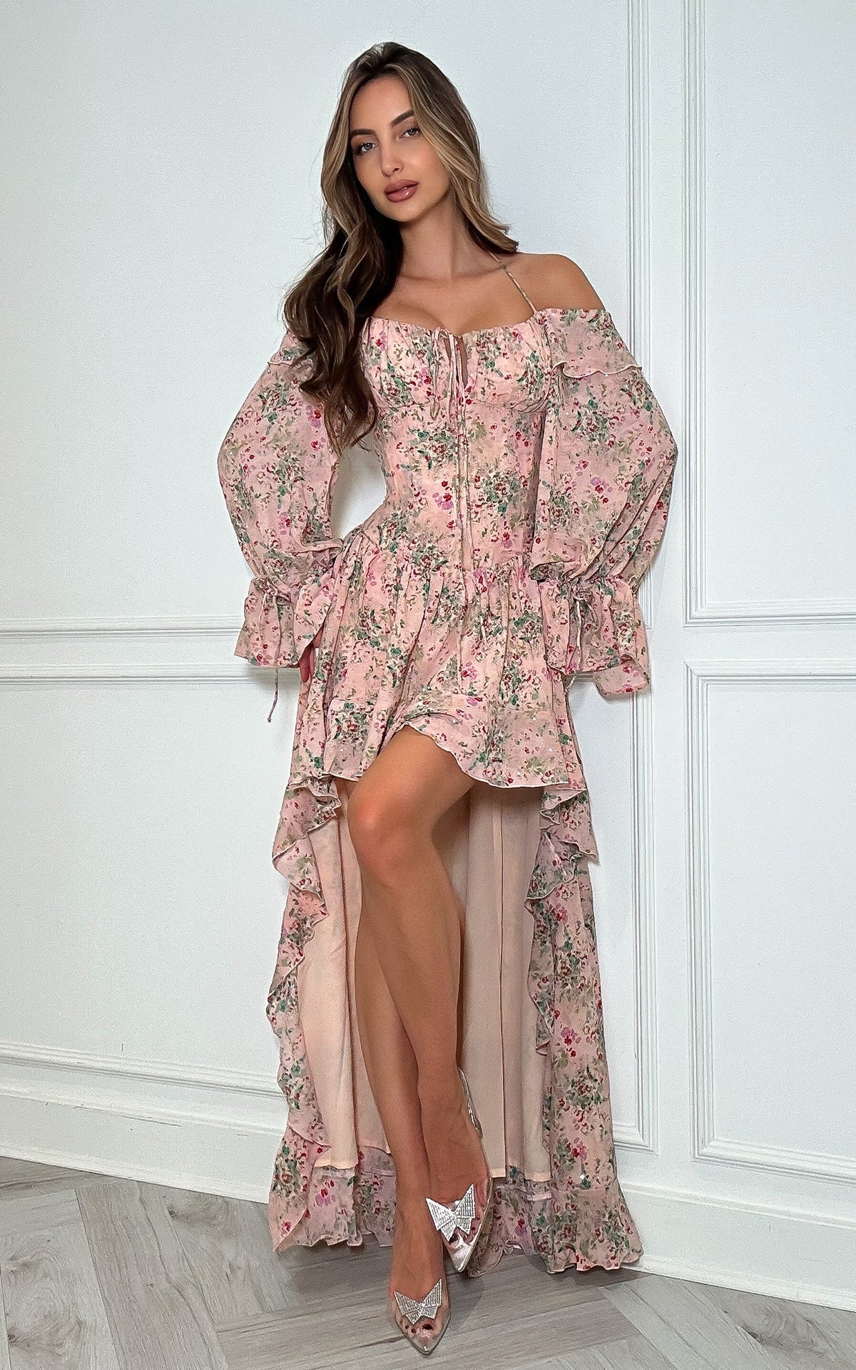 Romantic pink floral wedding guest dress