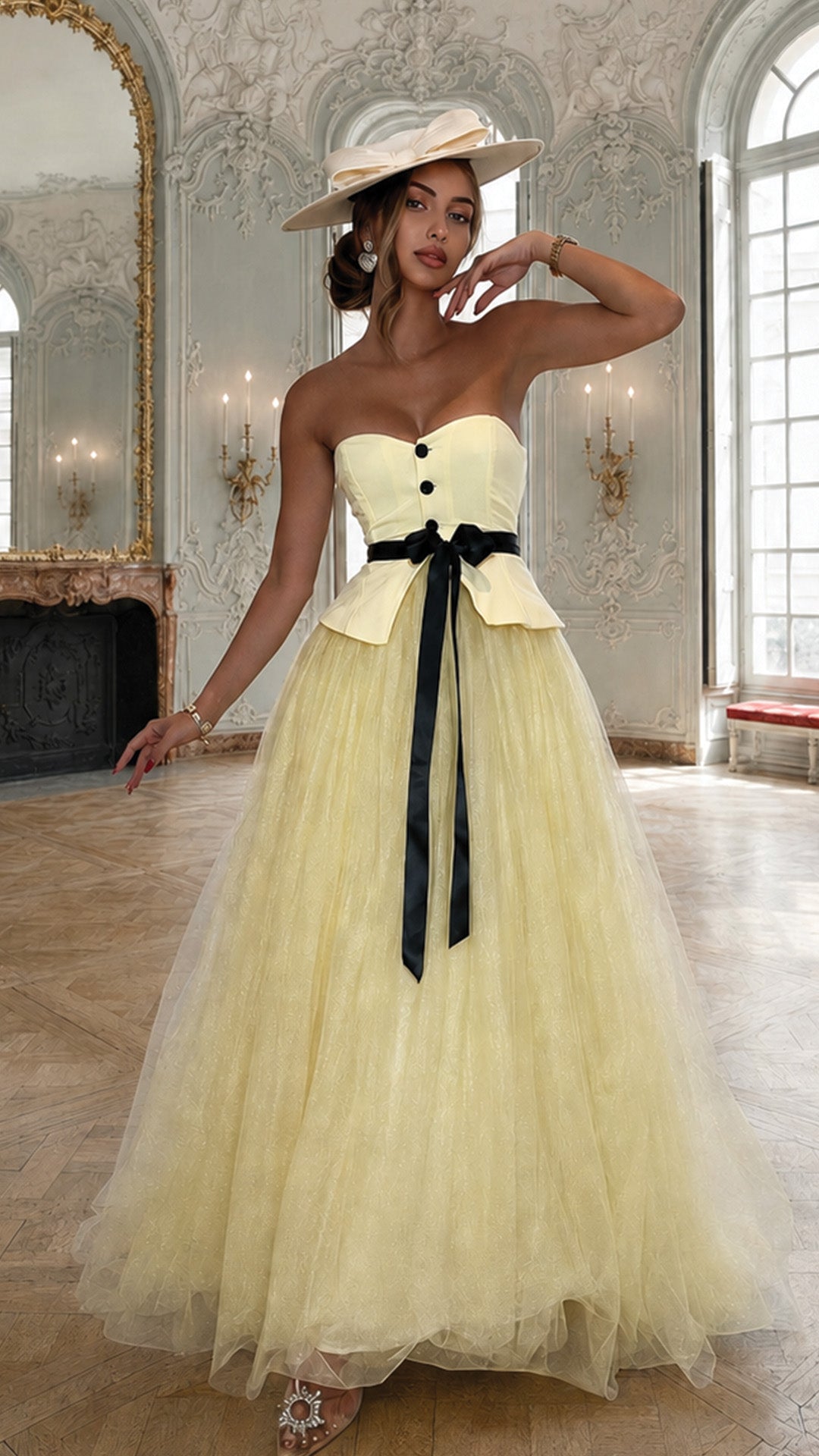 Yellow Tulle Strapless Waistcoat Design Black Tie Belt Maxi Dress