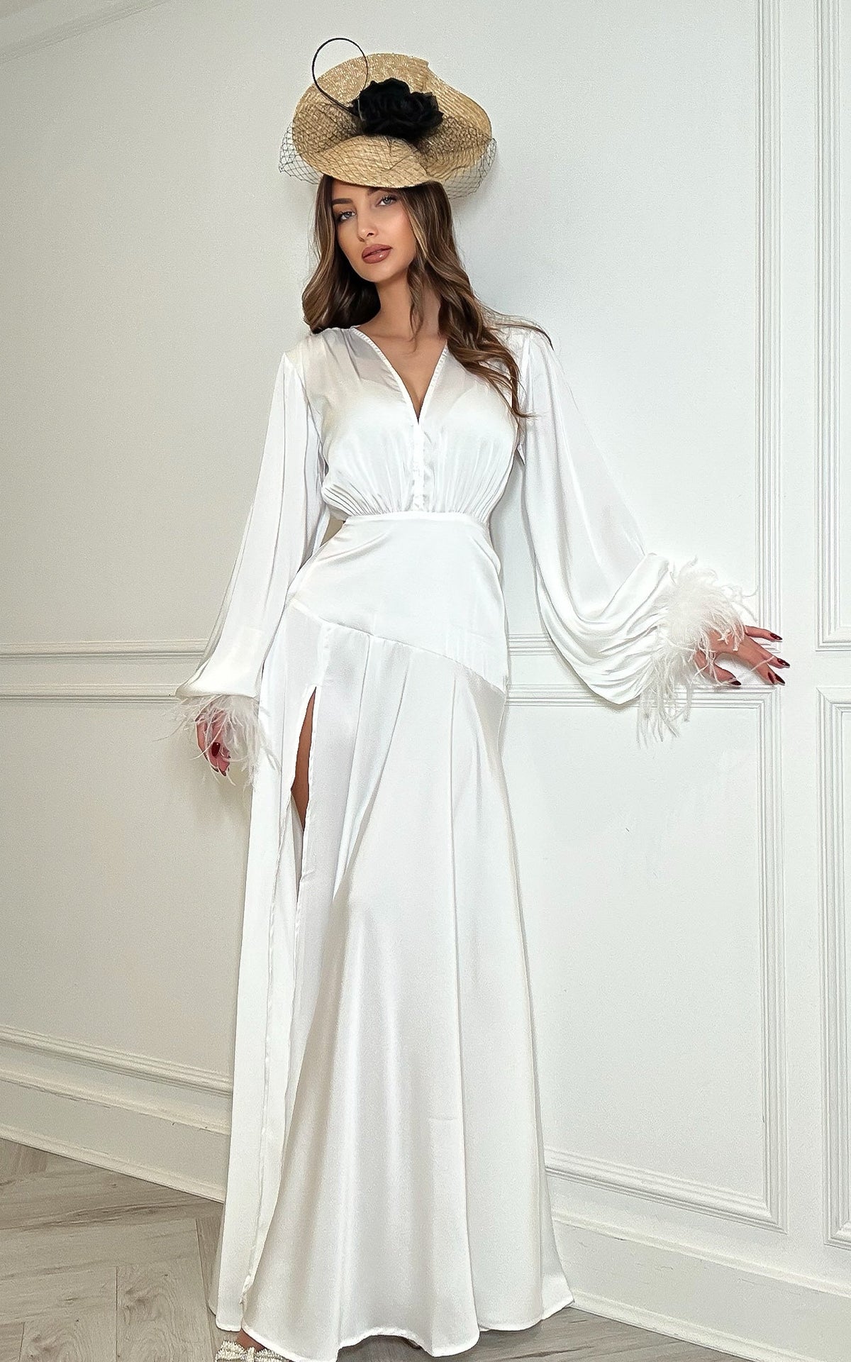 Royal Society – White V Collar Feather Cuffs Thigh Split Satin Maxi Dress