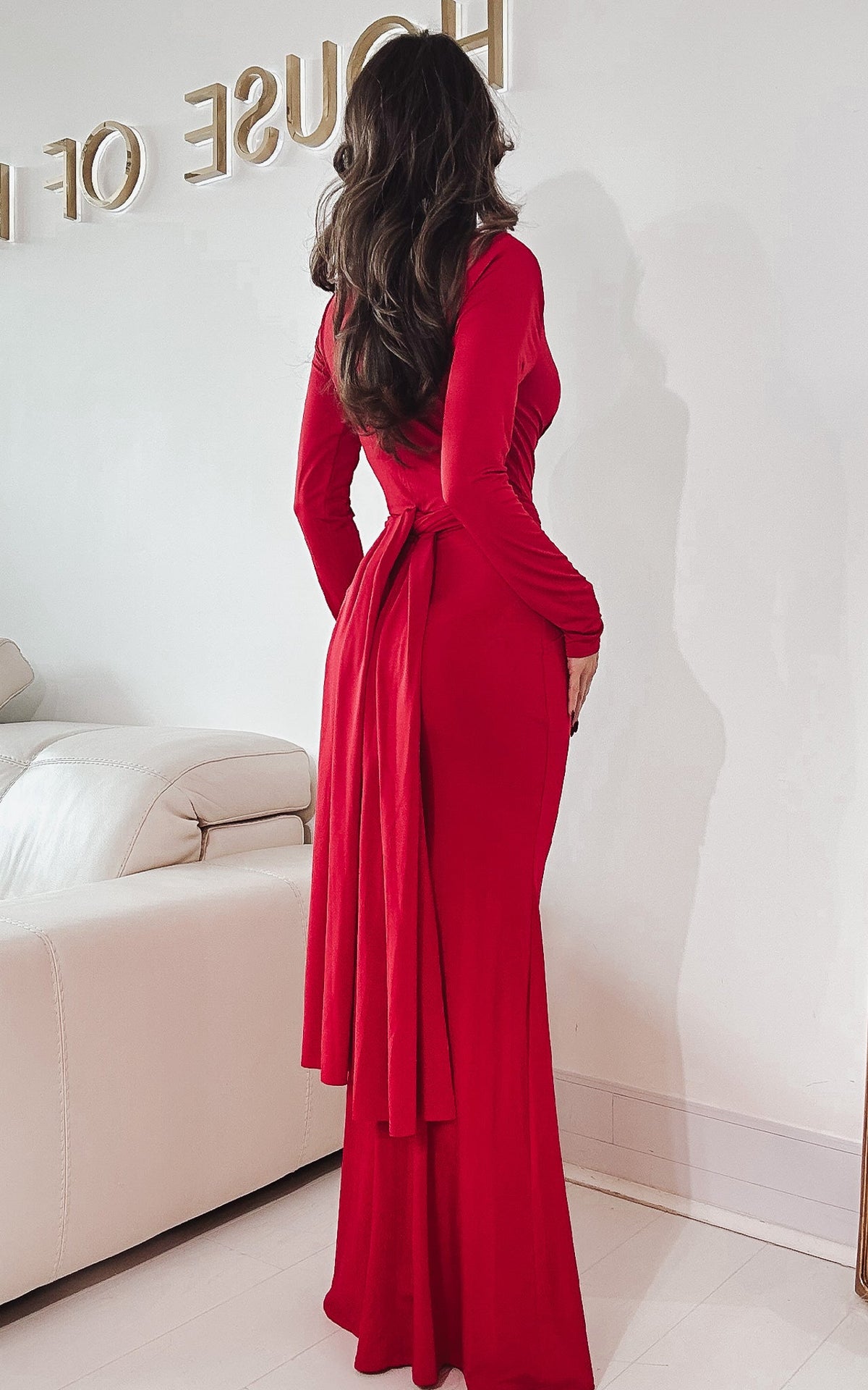 Stole Your Heart Red Deep-V Shoulder Padded Long Sleeve Maxi Dress