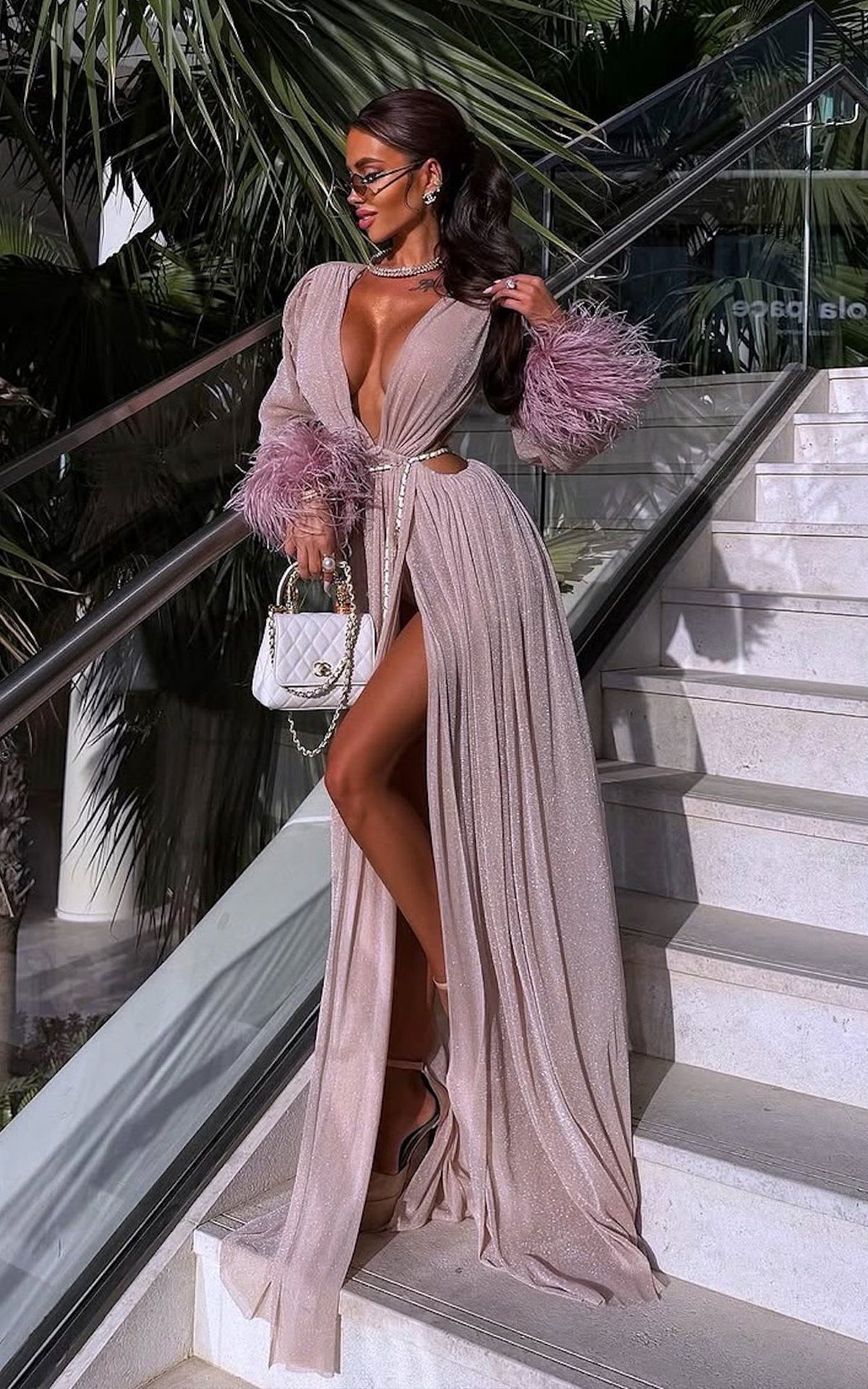 Deep End Diva Shimmering Lilac Thigh Slit Balloon Sleeves Maxi Dress