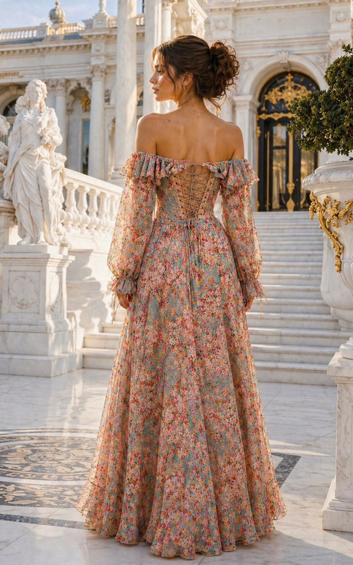 Capri Muse Blue Ditsy Floral Crystal Encrusted Off-the-Shoulder Long Princess Sleeve Corset Hi-Low Dress