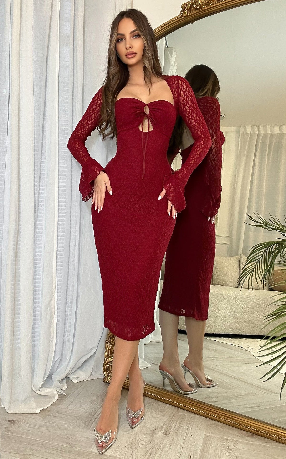 Mulled Wine Lace Burgundy Long Sleeve Midi Dress