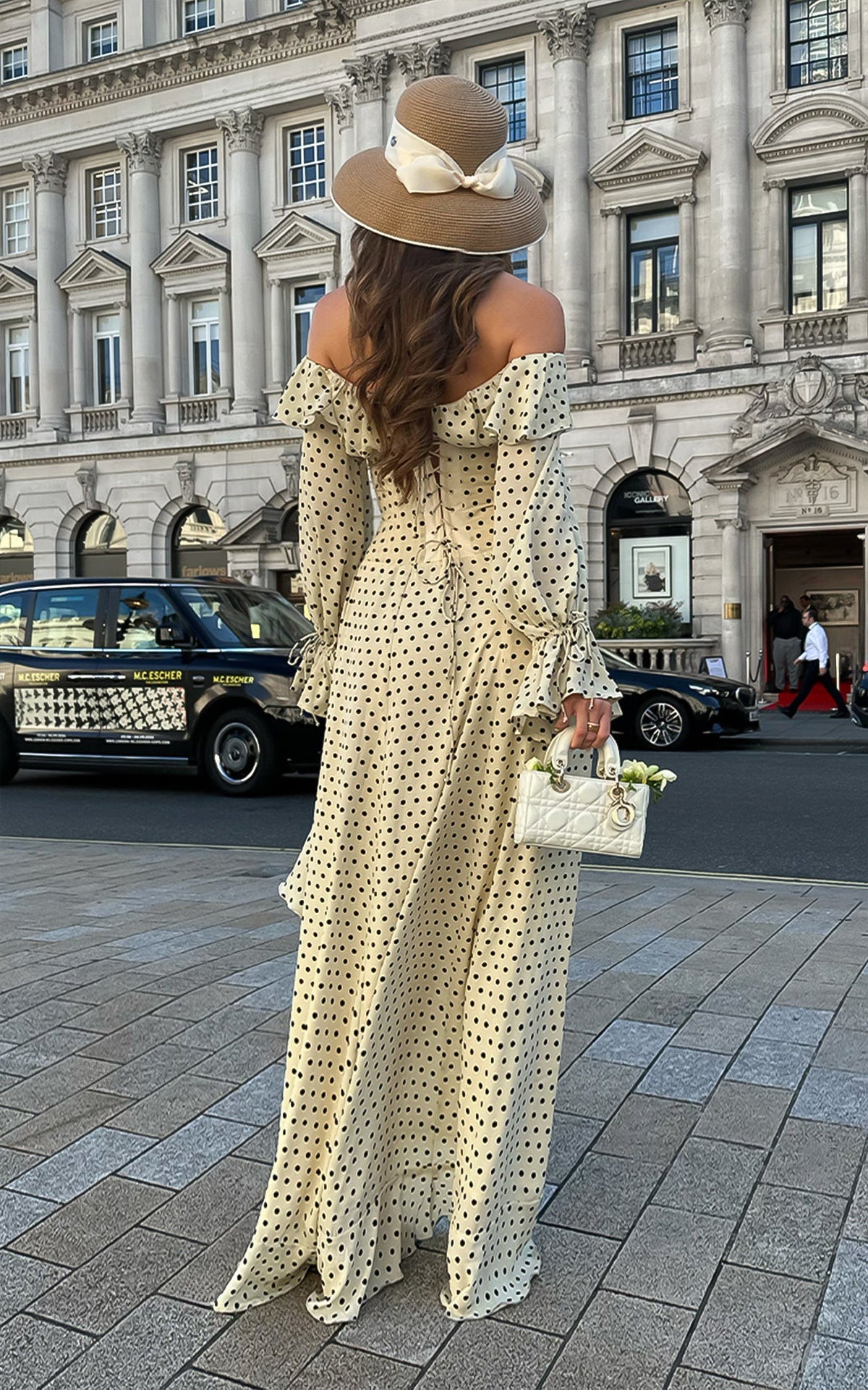 Brit Romance Polka-Dot Off-the-Shoulder Long Princess Sleeve Corset Hi-Low Dress