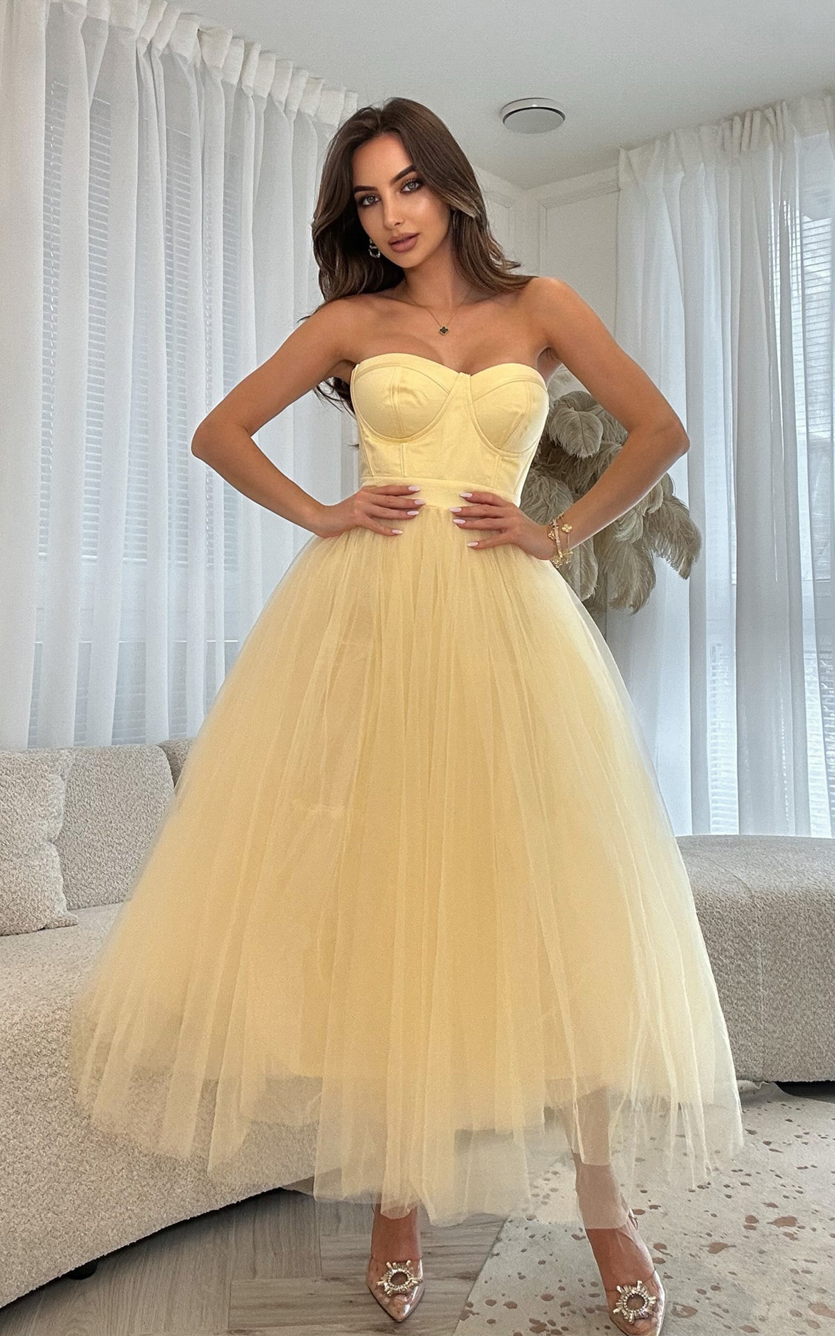 Princess Energy Only Lemon Sorbet Tulle Strapless Bustier Corset Design Midi Dress
