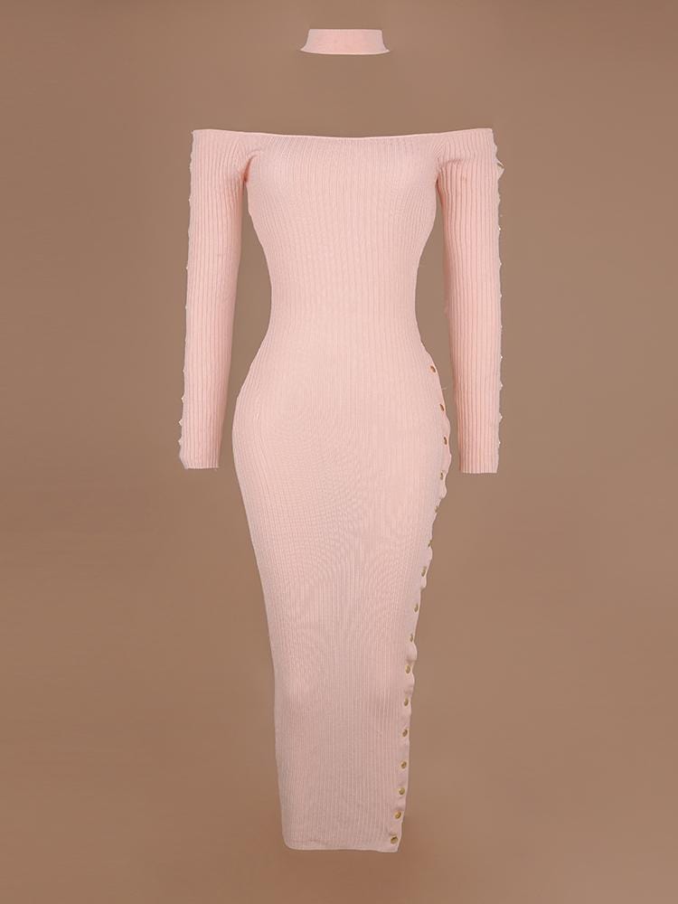 MALIKA LATTE OFF SHOULDER CHOKER RIBBED SNAP DRESS - HOUSE OF MAGUIE     
